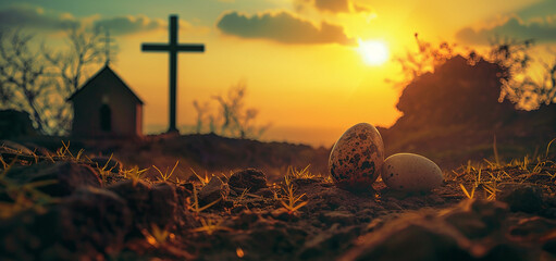 easter religion,jesus christ cross easter resurrection concept christian cross Tomb Empty With Shroud And Crucifixion At Sunrise - Resurrection Of Jesus Christ - obrazy, fototapety, plakaty