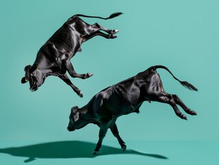 Two black cows mid-leap against a cyan backdrop, a playful take on weightlessness and freedom in farm animals