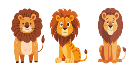 set of 2d lion cartoon on transparent background