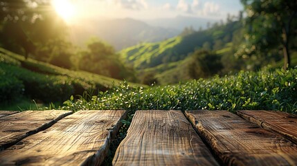 Wooden table on green tea mountain and blurry meadow A refreshing and relaxing concept. For editing product showcases or designing important image layouts. View of the copy space - obrazy, fototapety, plakaty