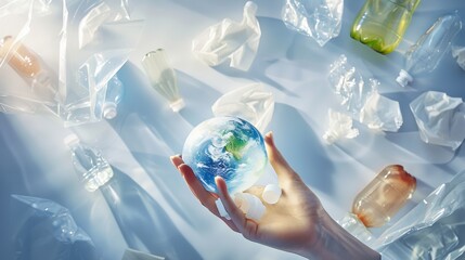 Conceptual image of hand holding a transparent globe amidst plastic waste, representing the fight against microplastic pollution