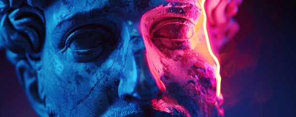 A medium shot of a weathered ancient Greek statue with neon illumination bringing it to life - obrazy, fototapety, plakaty