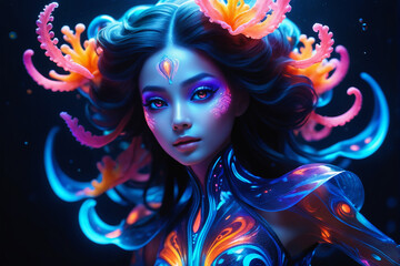 Obraz premium A surreal portrait of a very cute bioluminescent creature, surrounded by swirling patterns that gleam with colorful hues and neon-lit eyes