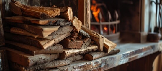 A stack of vintage charm folded old firewood sits on top of a fireplace, ready to create a cozy ambiance in a home or cabin. The logs are neatly arranged and ready to be used for a warm fire.