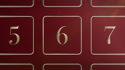Red door number 6, six, opening calendar reveal, updateable green screen revealing transition sting, 3D gold xmas festive golden numbered doors shiny video, Christmas Advent Calendar animation