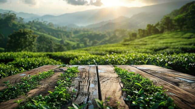 Wooden table on green tea mountain and blurry meadow A refreshing and relaxing concept. For editing product showcases or designing important image layouts. View of the copy space