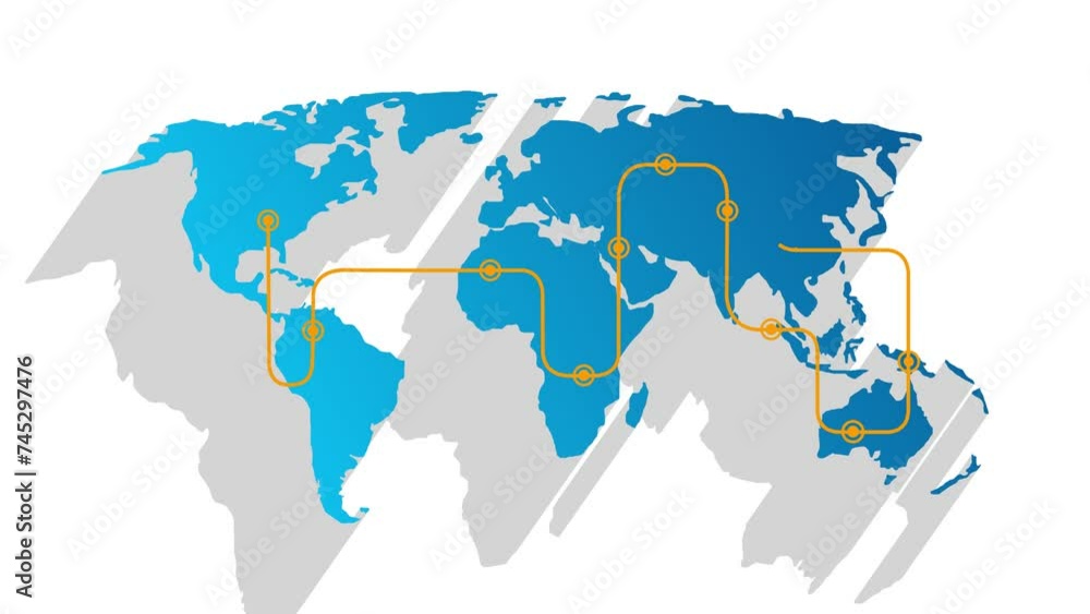 Poster world map and paved path. points on the world map. route on the map. delivery route