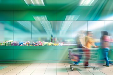 Blurred motion of shoppers with carts in a vibrant grocery store aisle with a clear space for text on a luminous green background