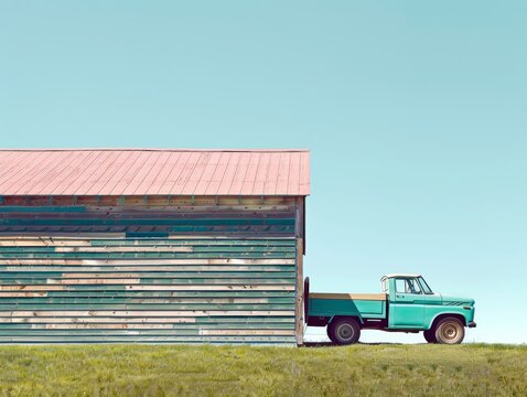 Vintage turquoise truck parked beside a rustic barn with a pink roof under a clear blue sky. A nostalgic rural scene with a classic vehicle and weathered wooden architecture