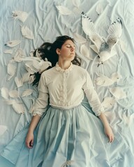 Dreamy conceptual art piece featuring a woman lying with birds and feathers, symbolizing tranquility and the fusion of human with nature