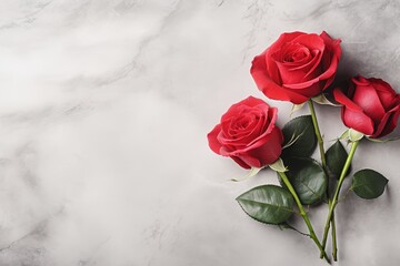 Red roses bouquet on pastel background for birthday, womens day, mothers day, flat lay