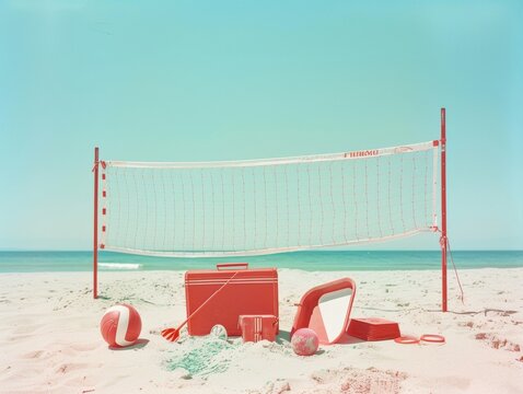 Beach Volleyball Net On Sandy Beach With Sea And Blue Sky In The