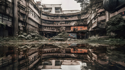 Fototapeta premium a building surrounded by buildings and a puddle
