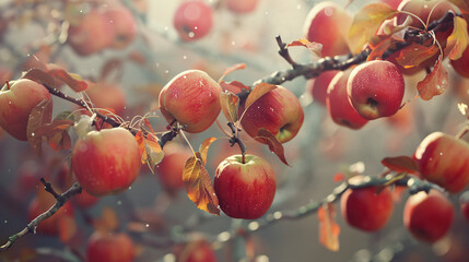 A ballet of falling apples mid-flight from their