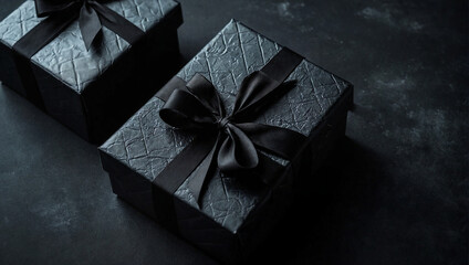 Black present boxes with golden ribbons. Minimal abstract Christmas, New Year or birthday...