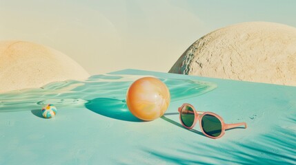 Summer concept with vibrant marbles and pink sunglasses on a podium reflecting in blue water