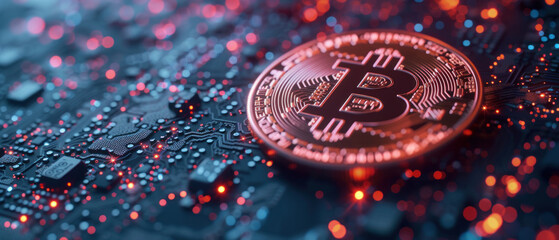 a close-up of a Bitcoin coin on a textured surface, illuminated by a network of glowing sparks, representing the digital currency's energy and impact on the financial market
