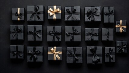 Black present boxes with golden ribbons. Minimal abstract Christmas, New Year or birthday celebration concept. Gift idea. Copy space.