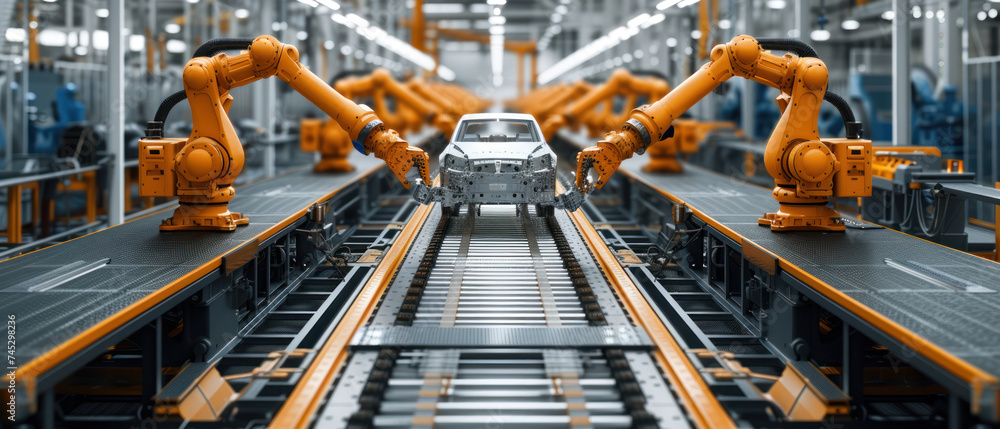 Aufkleber automated robotics arms efficiently assembling a car on a production line, showcasing precision and 