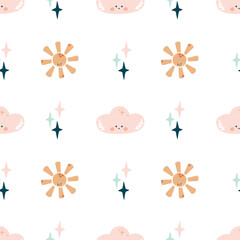 Cute bohemian baby seamless pattern with clouds, stars, sun. Vector pattern in boho style.