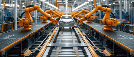 Automated robotics arms efficiently assembling a car on a production line, showcasing precision and advanced manufacturing technology