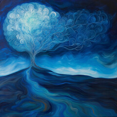 Obraz premium large surreal tree leaking light in a blue landscape
