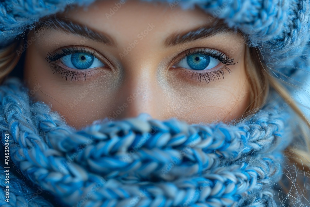 Poster a close-up of a knitted fabric displaying intricate patterns and textures in various shades of blue 