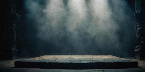 Studio dark room stone stage or podium with fog or mist