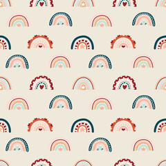 Cute bohemian baby seamless pattern with rainbows, clouds, stars. Vector pattern in boho style