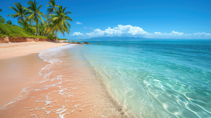 beachscape with crystal-clear waters edging onto soft sands, framed by lush palms and a backdrop of majestic mountains