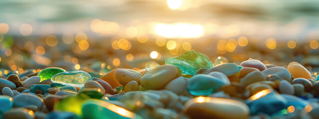 Colorful gemstones on a beach. polish textured sea glass.