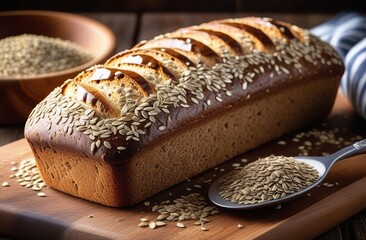 Homemade DIY, organic, healthy bread made of whole rye and wheat flour, hazelnut and seeds: sesame, chia, coriander , laid out on a wooden table