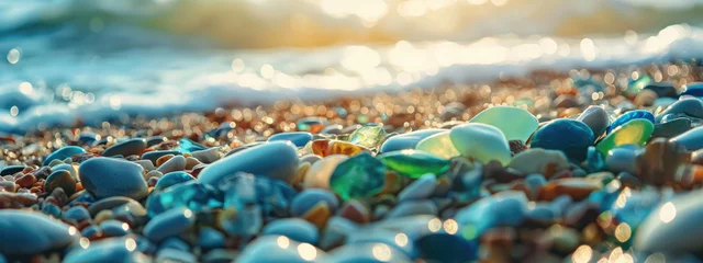 Zelfklevend Fotobehang Colorful gemstones on a beach. polish textured sea glass. © John_Doo78