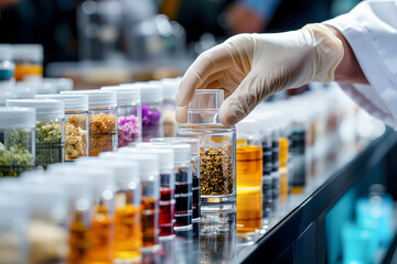 A scientist's hand is organizing samples of herbal raw materials in a herbal laboratory to be used in the research and development of pharmaceutical, cosmetic products, emphasizing herbal innovation