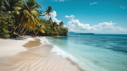 beachscape with crystal-clear waters edging onto soft sands, framed by lush palms and a backdrop of majestic mountains - obrazy, fototapety, plakaty