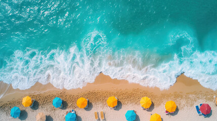 Obraz premium Aerial view of a serene beach dotted with colorful umbrellas, the white foam of the waves gently kissing the sandy shore, a perfect summer retreat