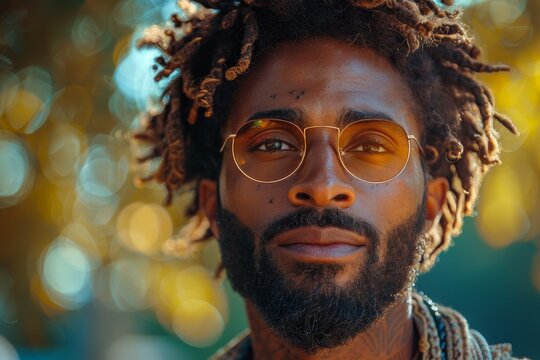 Stylish man with beard and dreadlocks wearing trendy glasses against a bokeh background