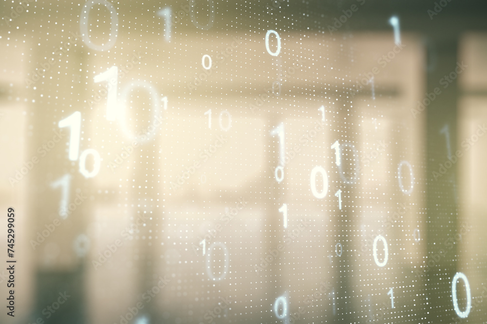 Aufkleber Abstract virtual binary code hologram on abstract empty interior background, AI and machine learning concept. Multiexposure