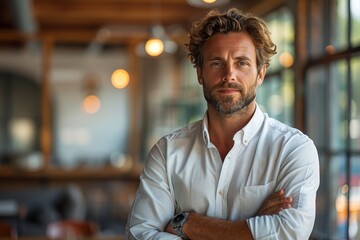 Fototapeta premium Confident business casual man smiling with arms crossed in an office setting