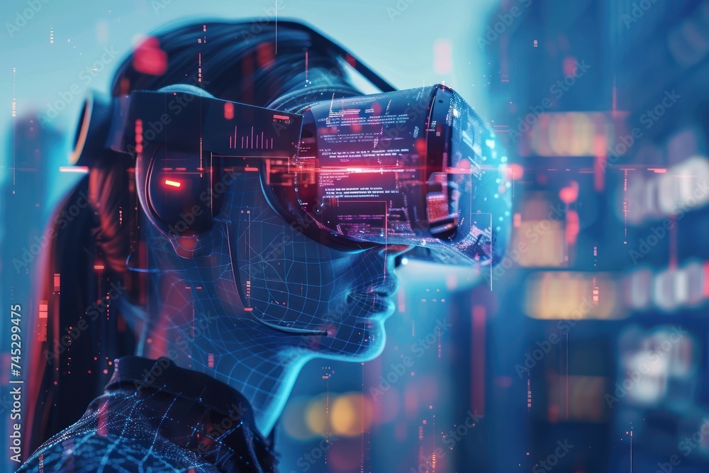 Poster a virtual reality simulation of a human head merging with technology