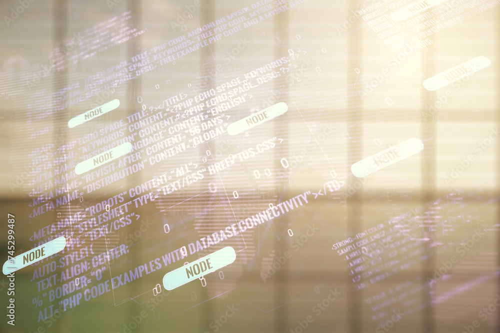 Poster double exposure of abstract programming language hologram and world map on empty modern office backg