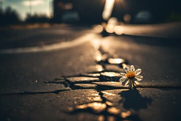 A small flower growing on a cracked asphalt road glistens in the light a small flower growing on a cracked asphalt road glistens in the light of the setting sun success concept