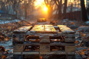 A simple yet evocative image of a wooden pallet bathed in the warm morning sunlight, surrounded by fallen autumn leaves