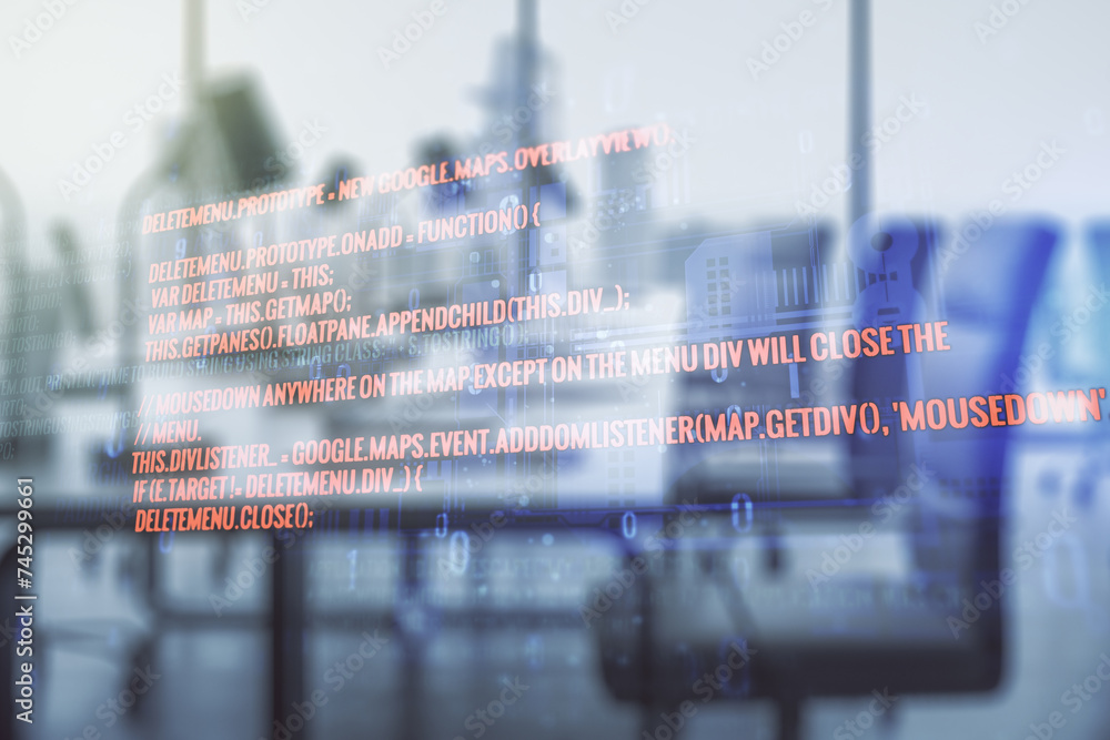 Aufkleber double exposure of abstract creative programming illustration on a modern furnished office interior 