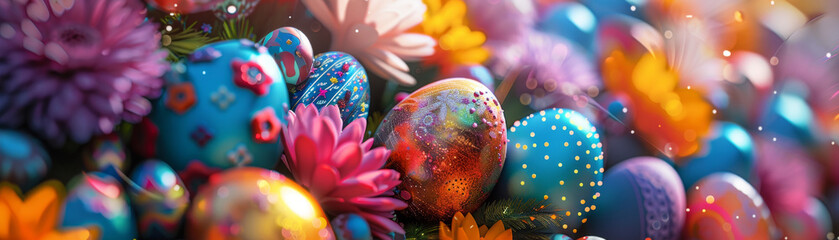 Exquisite Easter Eggs Decoration with Floral Backdrop - obrazy, fototapety, plakaty