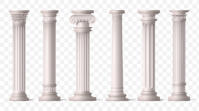 Greek pillars. Roman ancient columns from 3d marble greece temple, antique corinthian sculpture. Classic colonnade with carved stone. Vector isolated on transparent background illustration