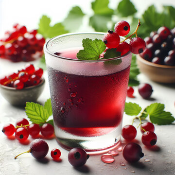 cold glass of currant juice with large drops of condensation on them on white background