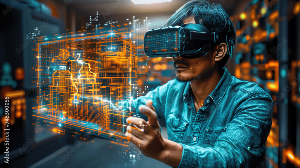 Poster digital design innovation: engaging with virtual reality, man enhances 3d model for architecture