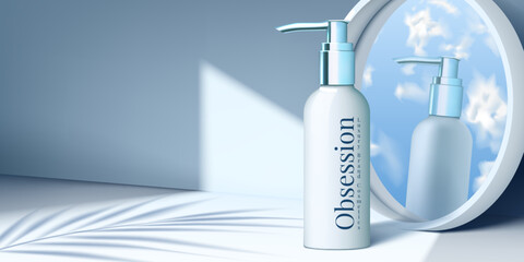 Cosmetic advertising. 3D beauty product on pastel podium surface. Mirror background. Luxury lotion display. Sky clouds reflection. Light platform and shadow. Vector ad abstract banner