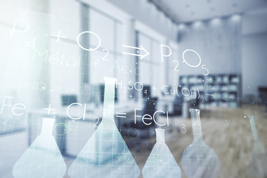 Abstract virtual creative chemistry hologram on a modern furnished office background. Multiexposure